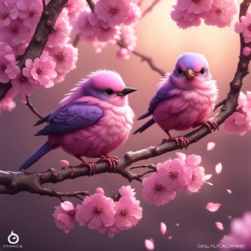 Five fluffy pink cute baby birds on a thin cherry tree branc...