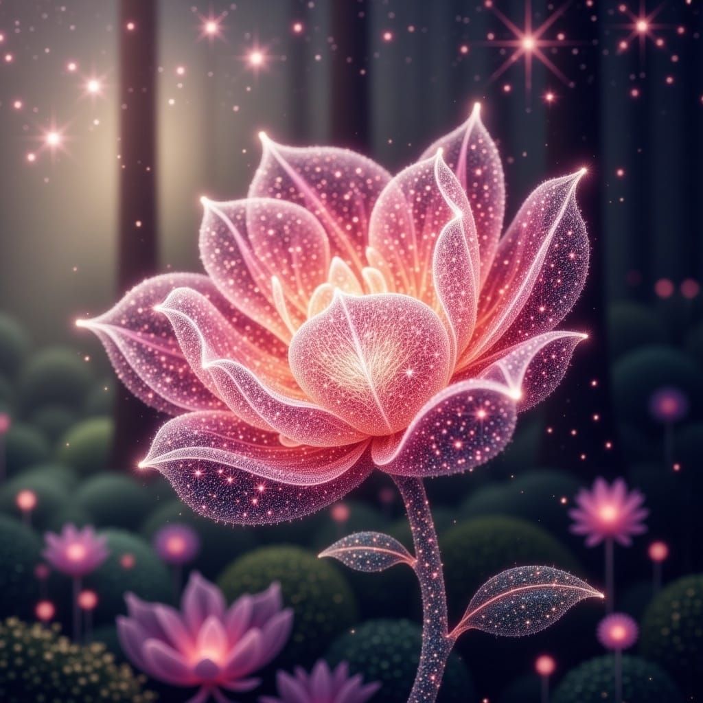 <lora:Magical Stars Flux:1.0>  A majestic magical intrincate flower, crafted from thousands of dense, transparent, and glowing wool strings...