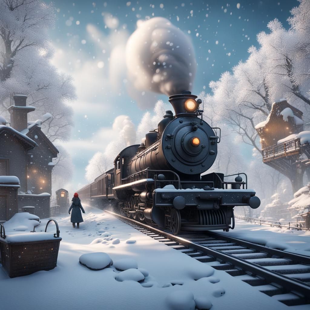Winter Train Scene with Snowmen, Detailed Matte Painting