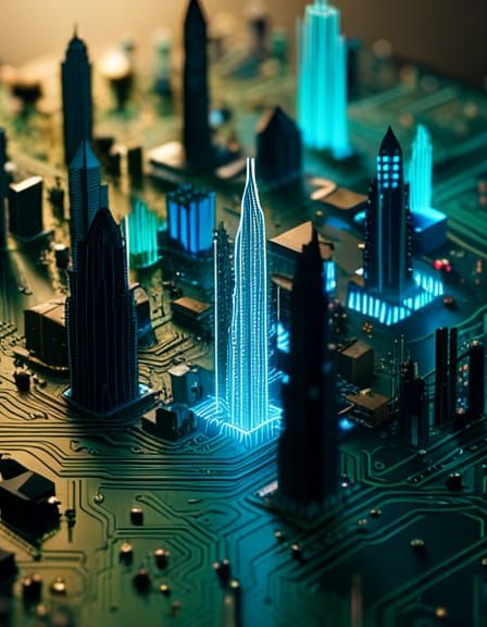 Tron Miniature city on a circuit board  by @BUZZY 