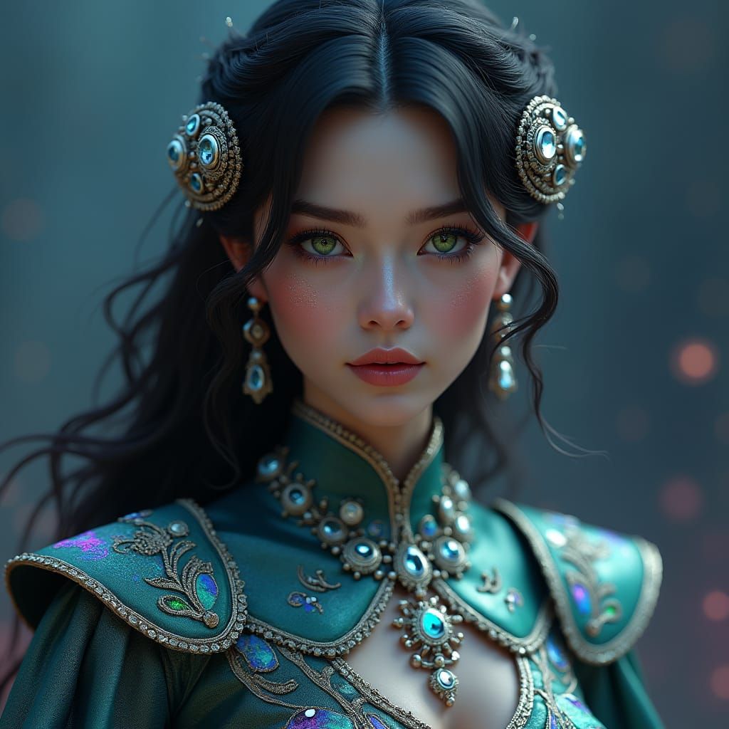 Hyperrealistic portrait of a beautiful woman wearing intricately detailed colorful clothing and futuristic jewellery."