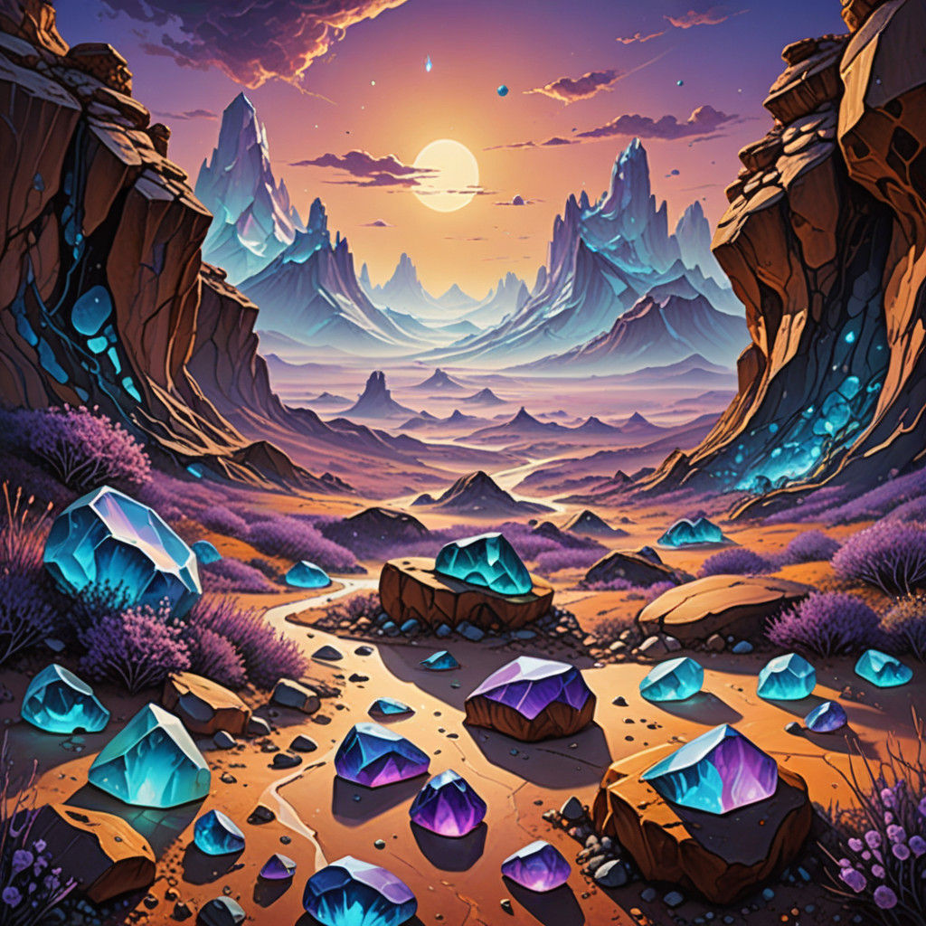 Surreal Oil Painting of Luminous Gemstone Landscape