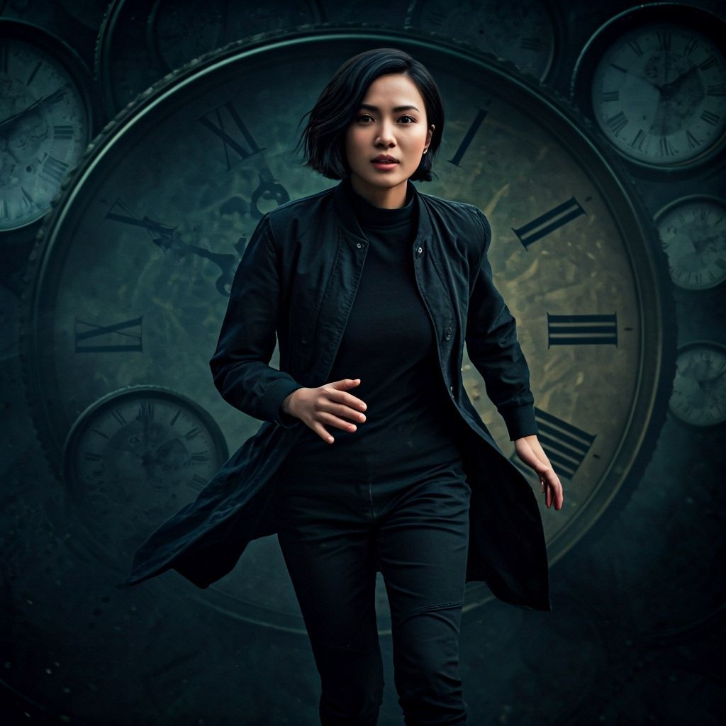 Thai Woman Running Past Giant Clocks