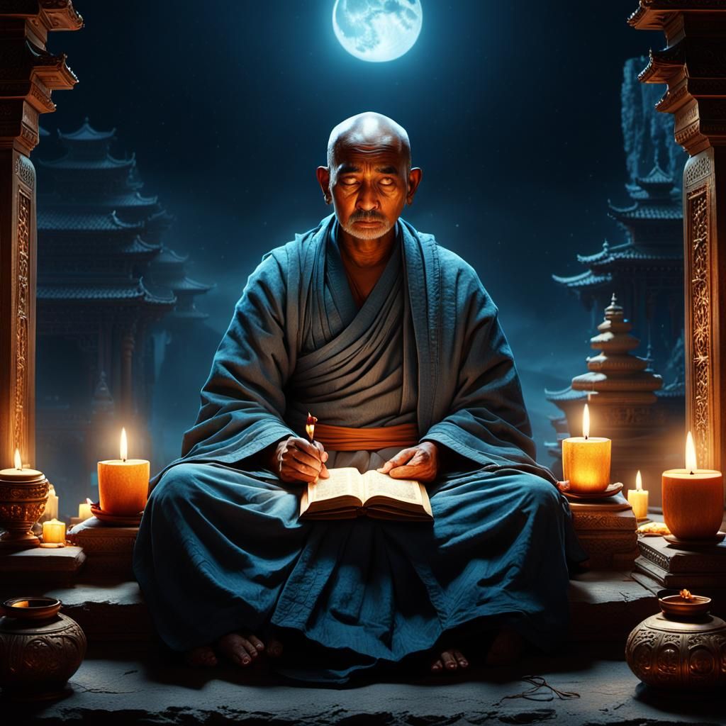 Monk Contemplation in Candlelight: Digital Matte Painting