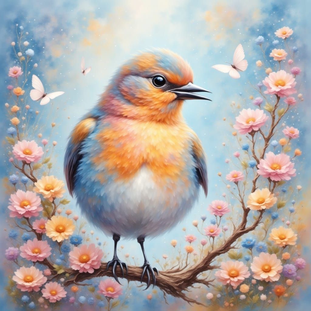 Cute bird in pastel paint in yard <lora:Pastel Dreams:1.0>