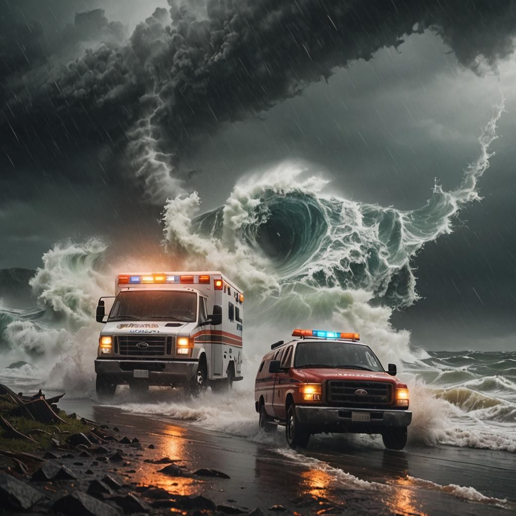 Ambulance driving into hurricane