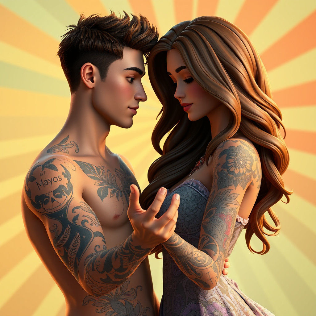 Beautiful male with tattoos and short brown hair holding his...