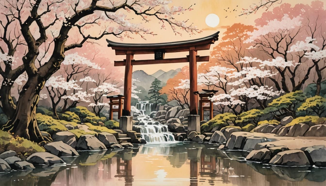 Japanese Torii Gate in Ukiyo-e Watercolor Style