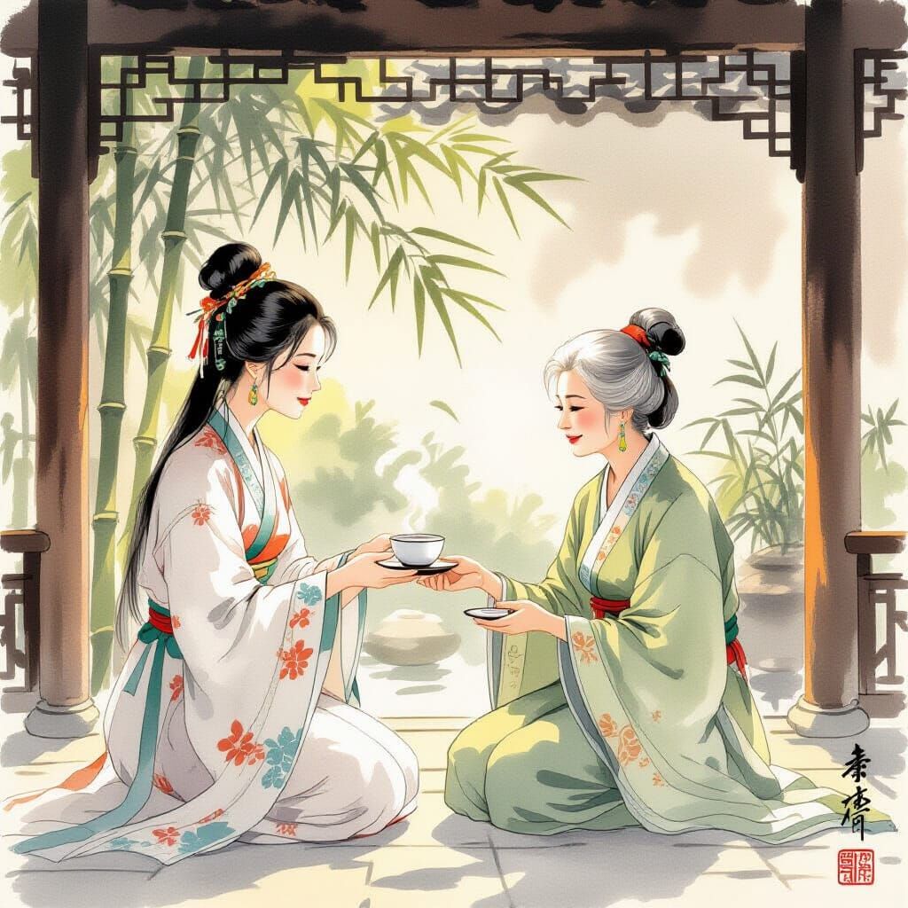 Filial Piety: Woman Offers Tea in Courtyard