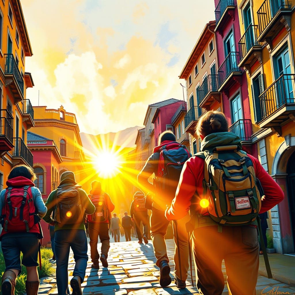 Hikers Ascend Sunlit City Street Oil Painting