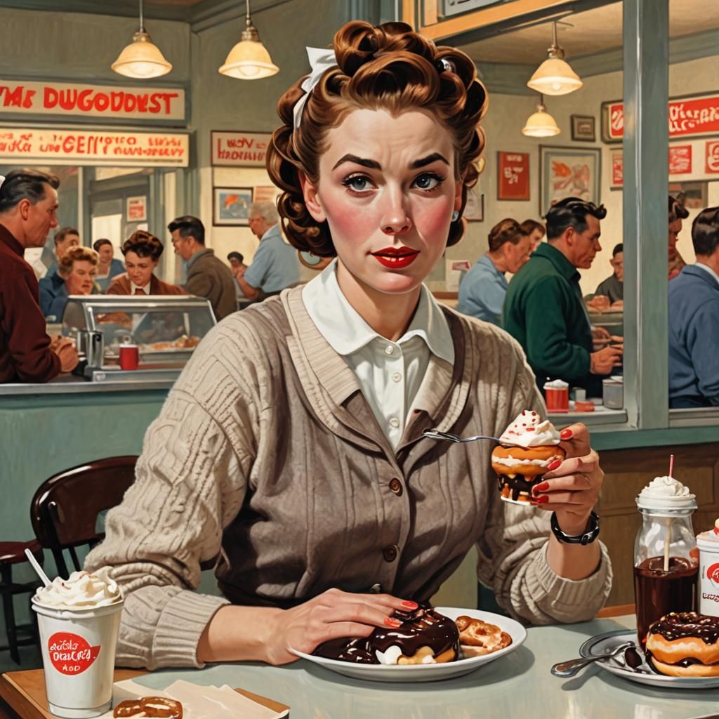 Norman Rockwell inspired scene of young 1950s era woman eati...