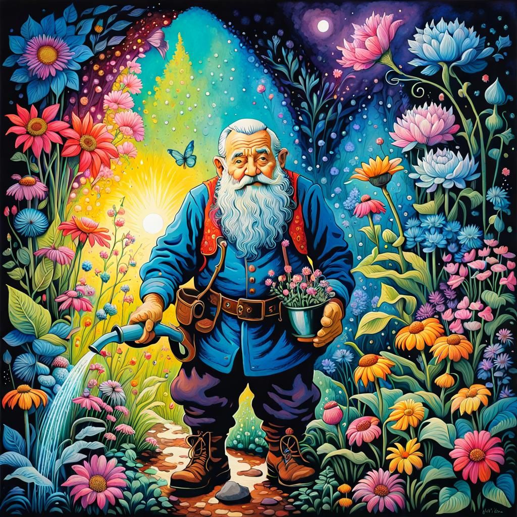 (elaborate Artwork Of A Old Dwarf Gardener Watering Flowers In A 