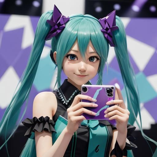 Hatsune Miku with dark purple hair taking a selfie on stage.