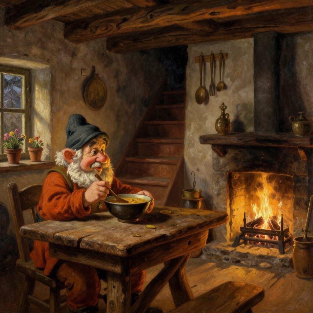 A naturalistic-looking dwarf sits at the table in a cozy rustic room and eats a soup from a round deep ...  by @Ando