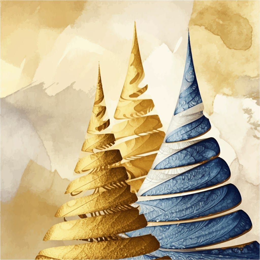 three Abstract Christmas trees Goldish, Blueish and whitish ...