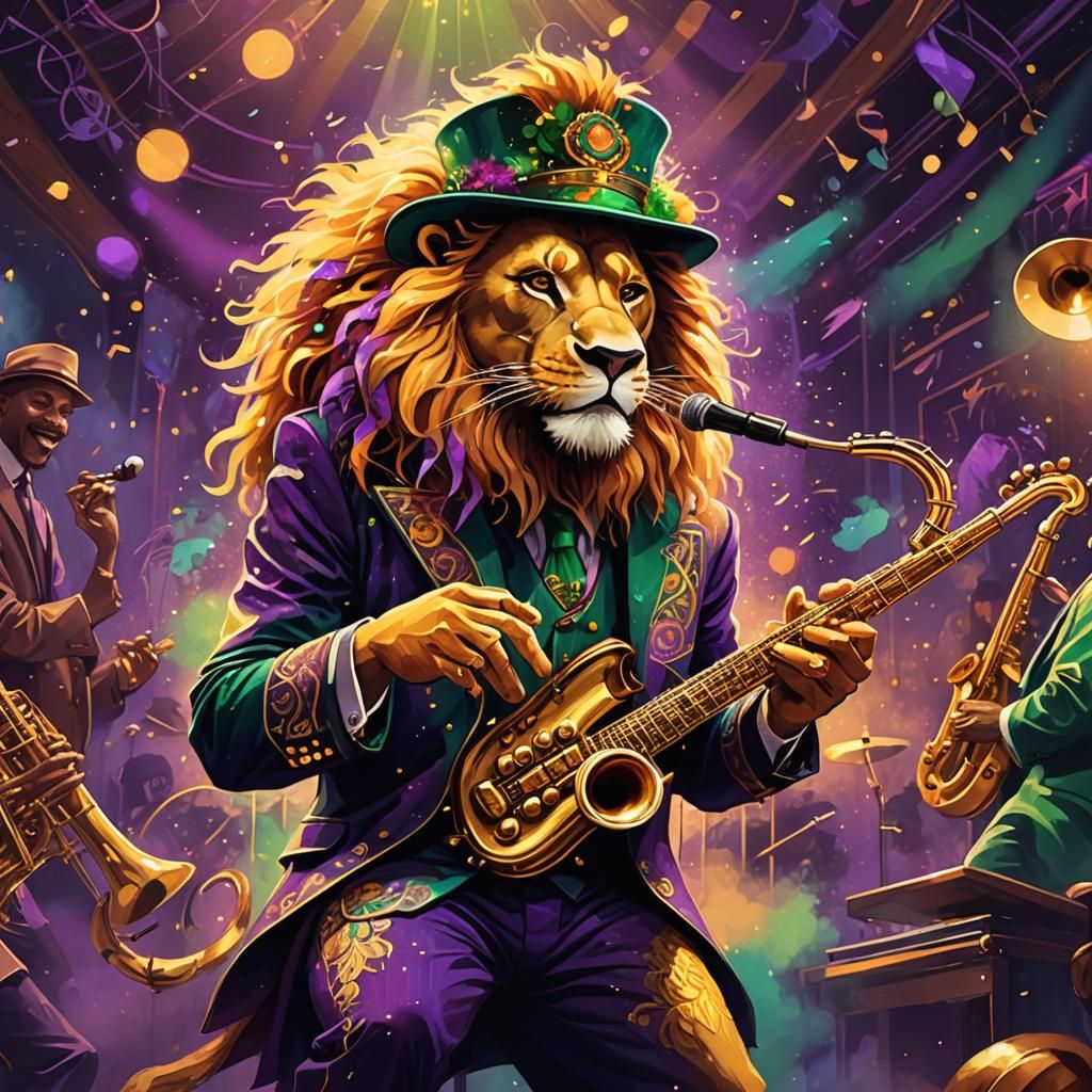 A LION ON A STAGE PLAYING JAZZ  by @football