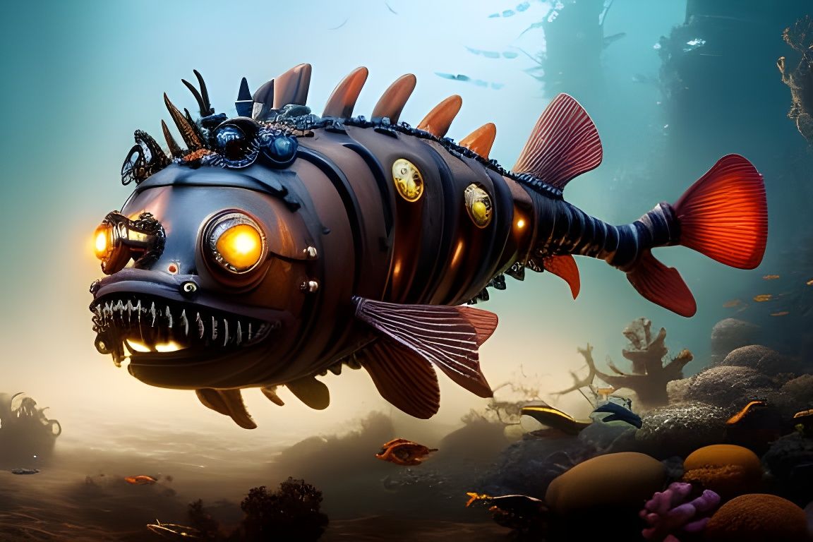 "steampunk engine angler_fish!!", glossy, Eldritch, coral re...