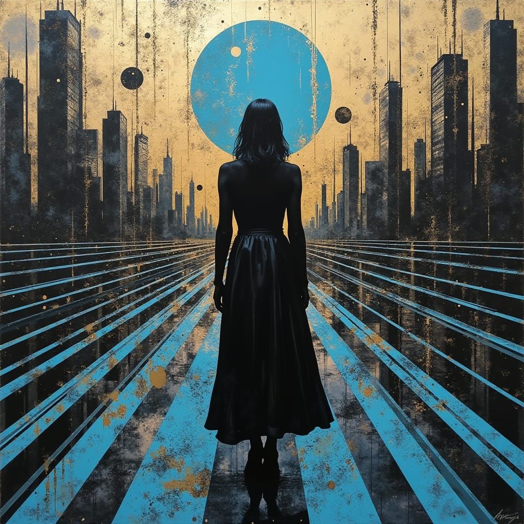 Dystopian Cityscape in Cyberpunk Style with Op-Art Influence...