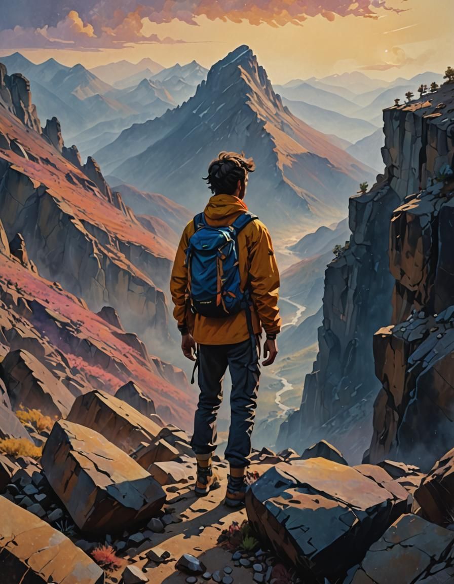 A lone figure stands at the edge of a vast, rocky cliff at s...
