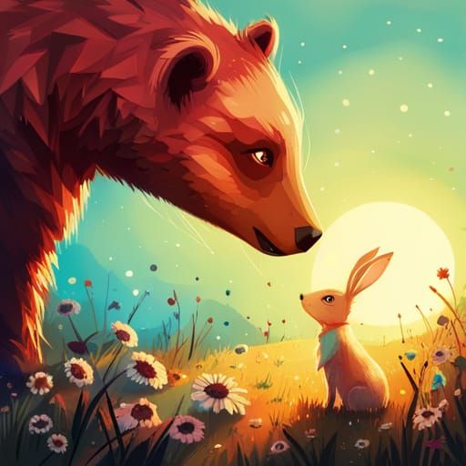 a cute bear and a cute bunny looking at each other,  glowing eyes, highly detailed, perfect composition, ...  by @Kanaloa