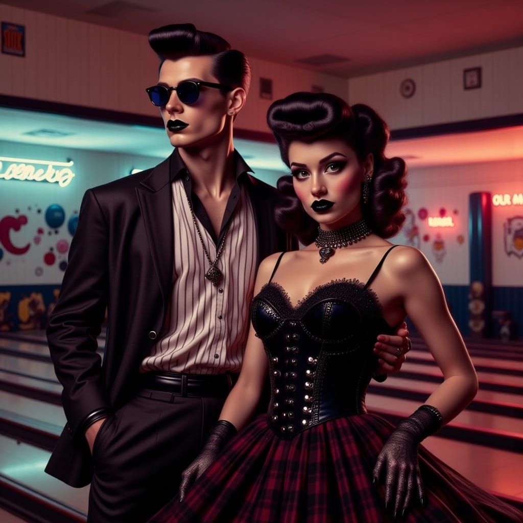  <lora:Midnight Retro V2:1.0> 1950’s gothpunk man and woman in a bowling alley, dynamic lighting 
