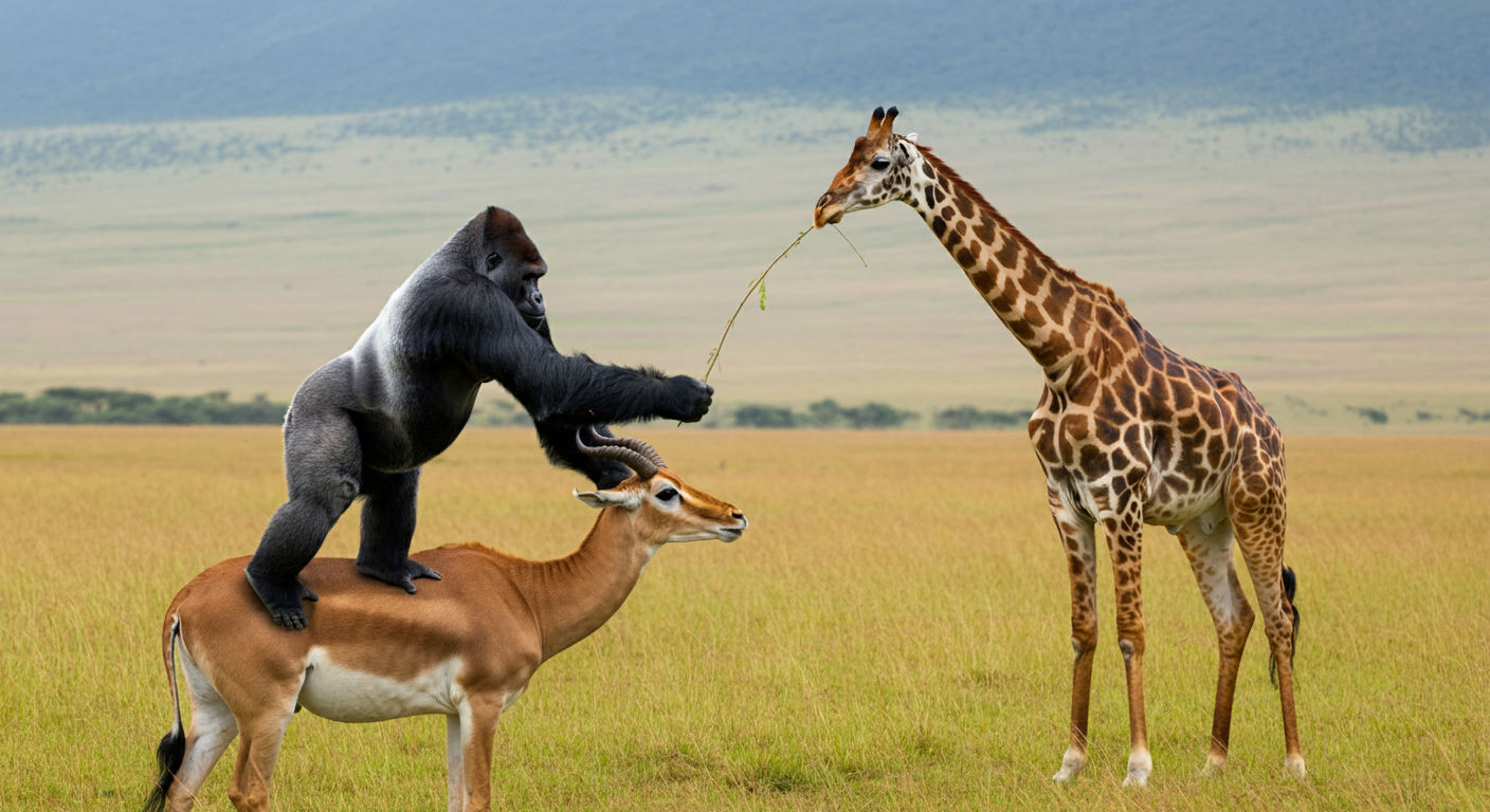 Gazelle riding Gorilla, Teams with Giraffe!