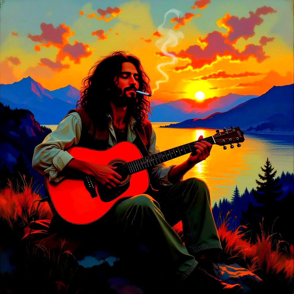Young Hippie Man with Guitar Gazes at Sunset
