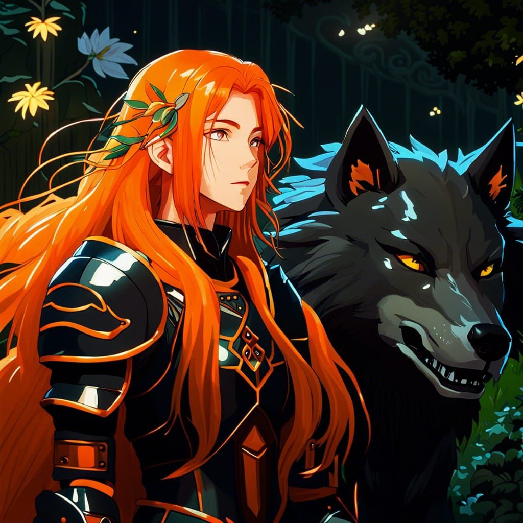 serious woman long bright orange hair fantasy saint in armor...
