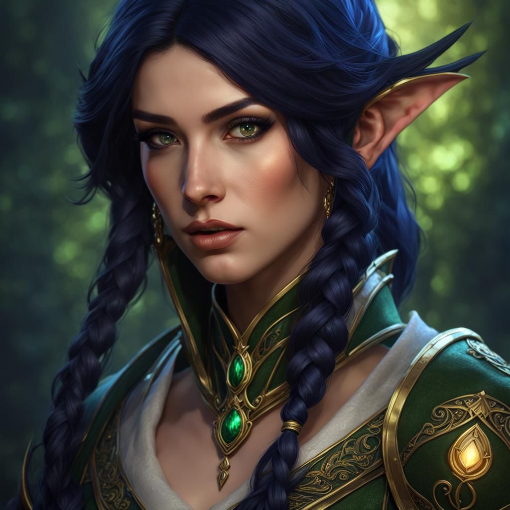 Hyperrealistic portrait of a half elf cleric young woman. Midnight blue ...