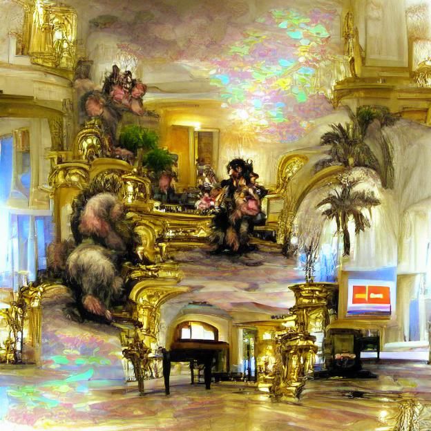 Ornate baroque shimmering fantasy hotel lobby Goya