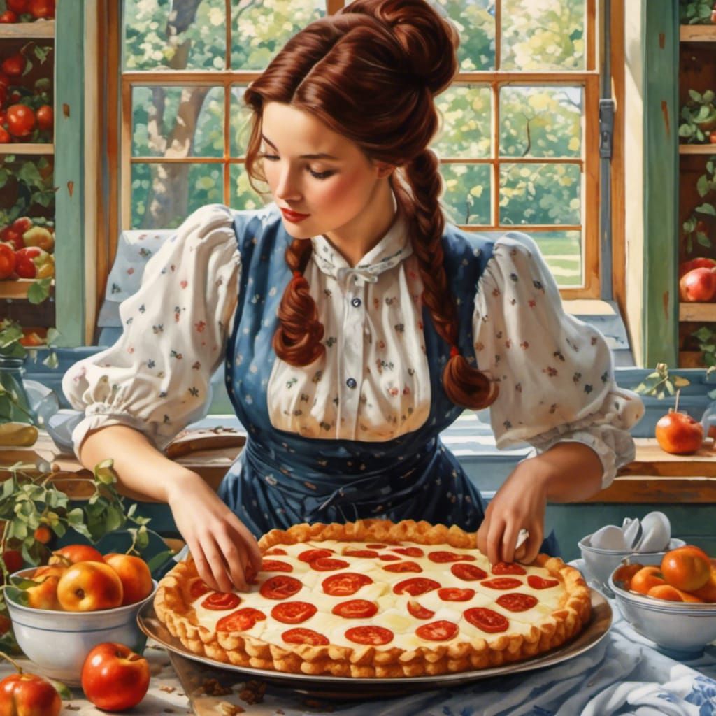<lora:folklore:1.0> Mom  in vintage dress bakes a pie with apples, apple trees are blooming outside the window, spring landscape, anna dittm...