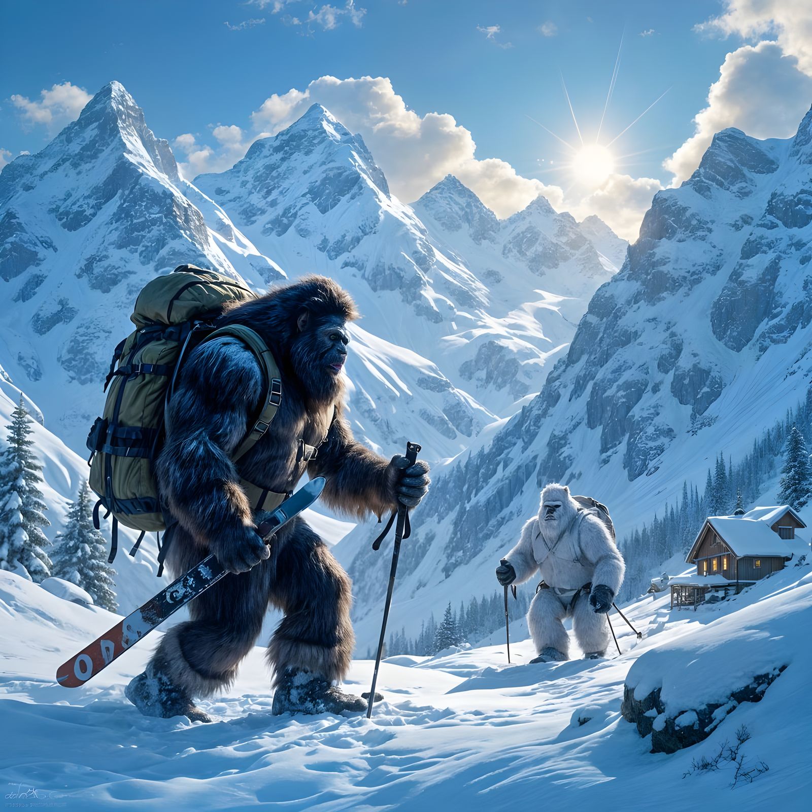 Bigfoot visiting Cousin Yeti for the winter holidays  by @AncientAardvark 