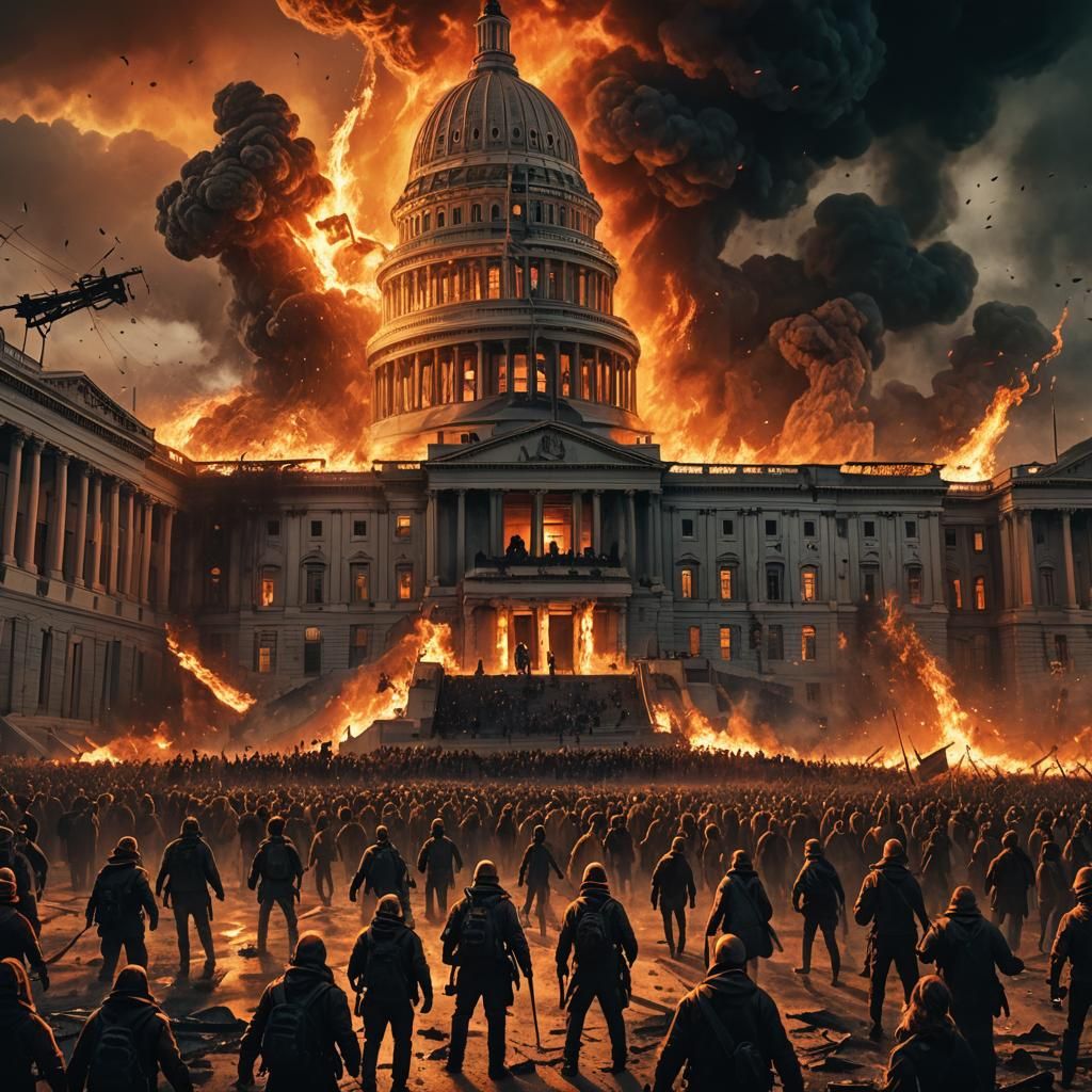 Capital building burns with a violent, red-clad mob in front