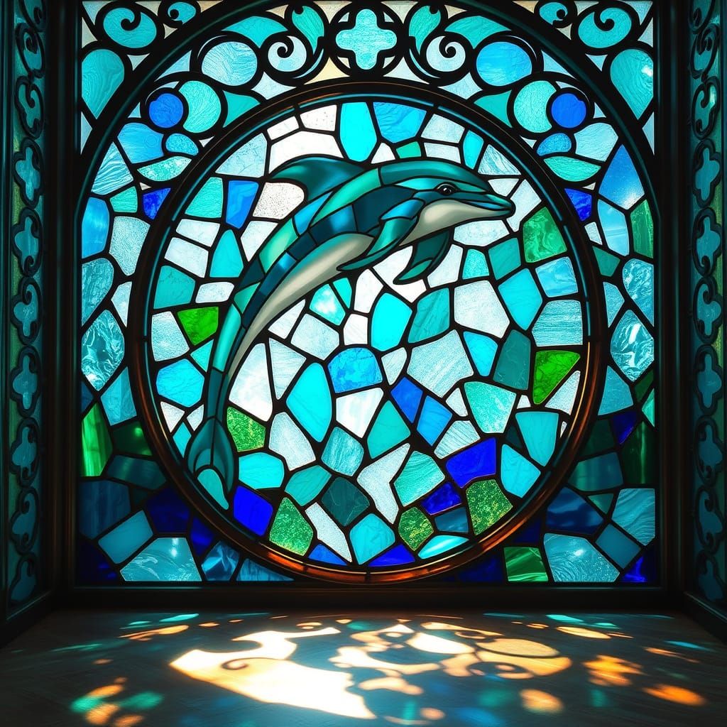 Dolphin Leaping from Frosted Sea Glass Window