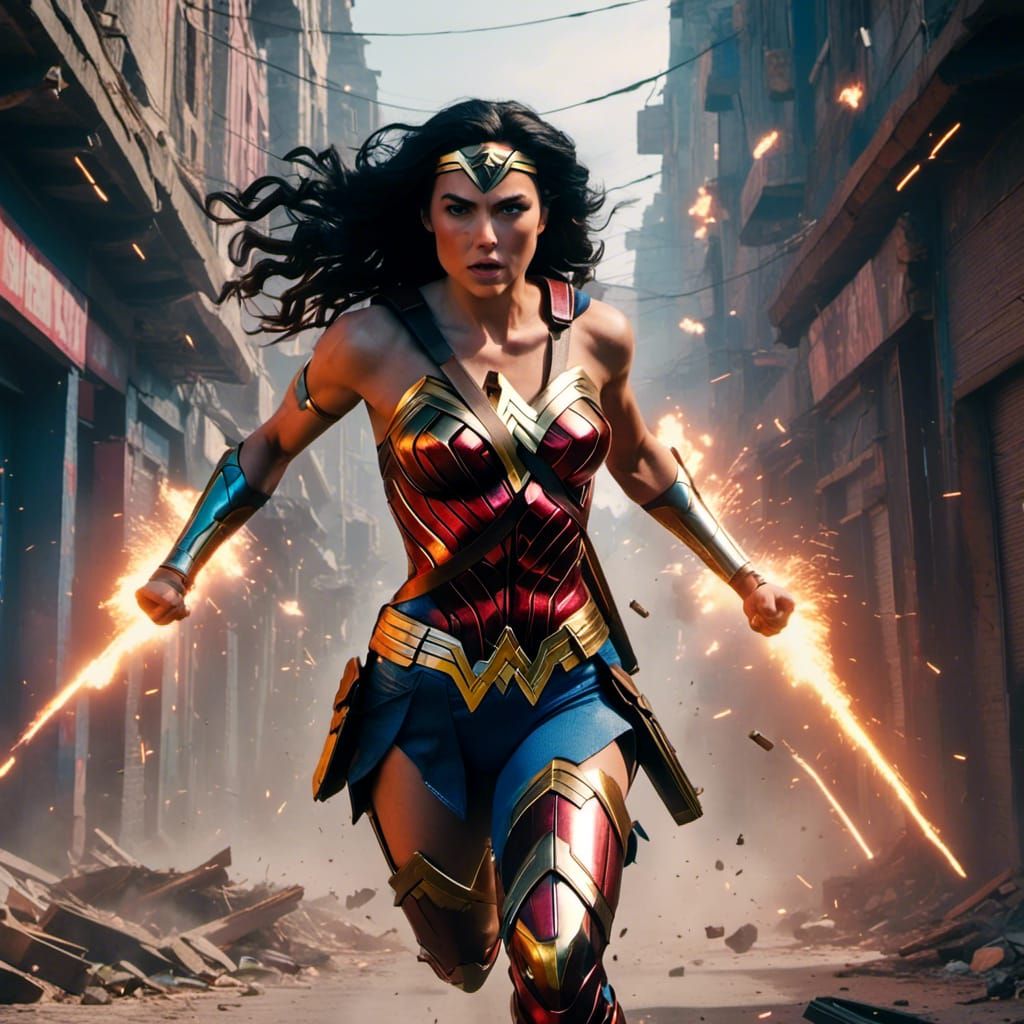 <lora:Indomitable:1.0> Wonder Woman running through the streets of battle deflecting bullets leaving destruction in her wake, 3d cg art styl...