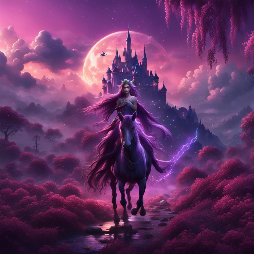 A magical fairy riding a unicorn in a purple sky