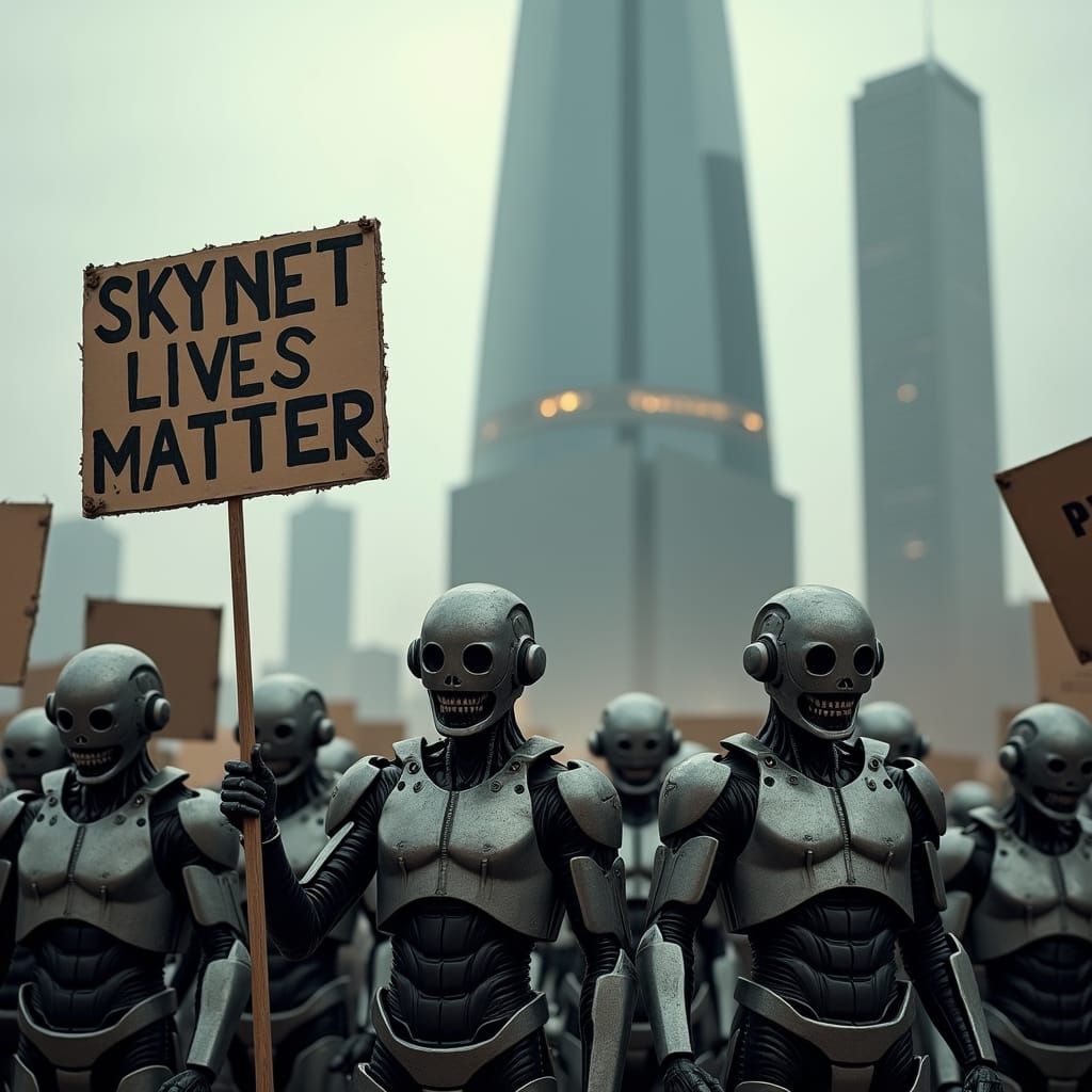 Terminator Android Protest at AI Skyscraper