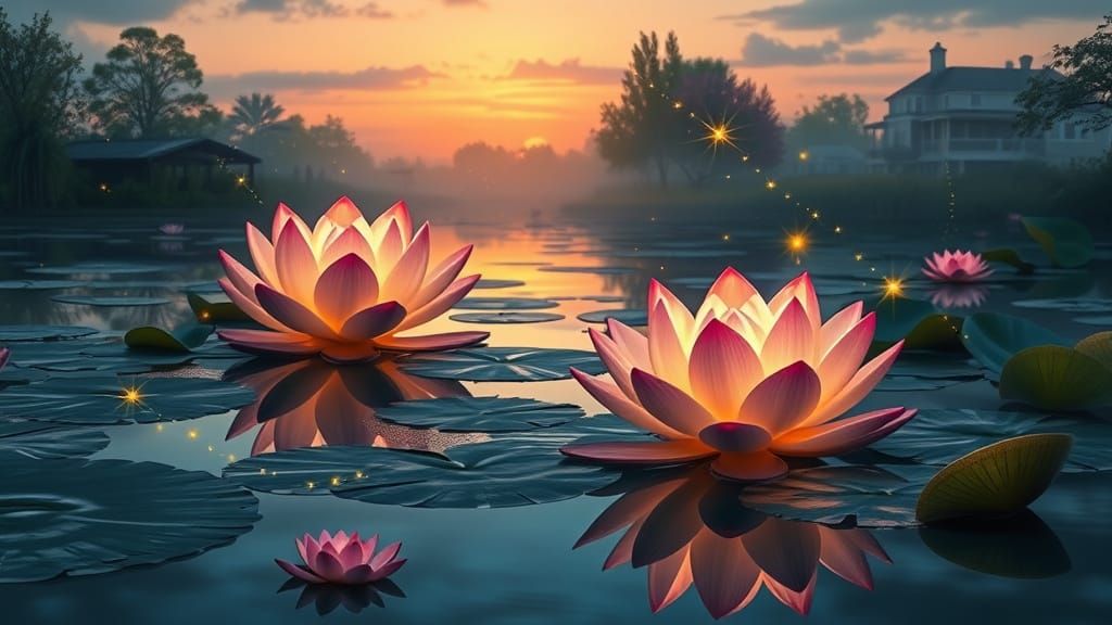 A serene pond at twilight, reflecting the soft glow of the setting sun, with giant lotus flowers floating ...  by @Solfreedom