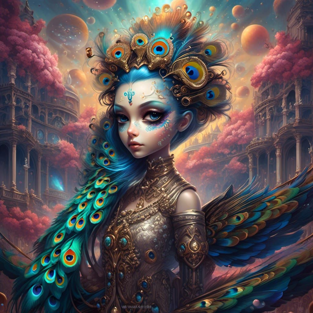 <lora:Dark Sinister:1.0> stunning cinematic visual of a baroque chibi Cosmic steampunk peacock, sugar skulls on a fantasy galaxy wave stree...