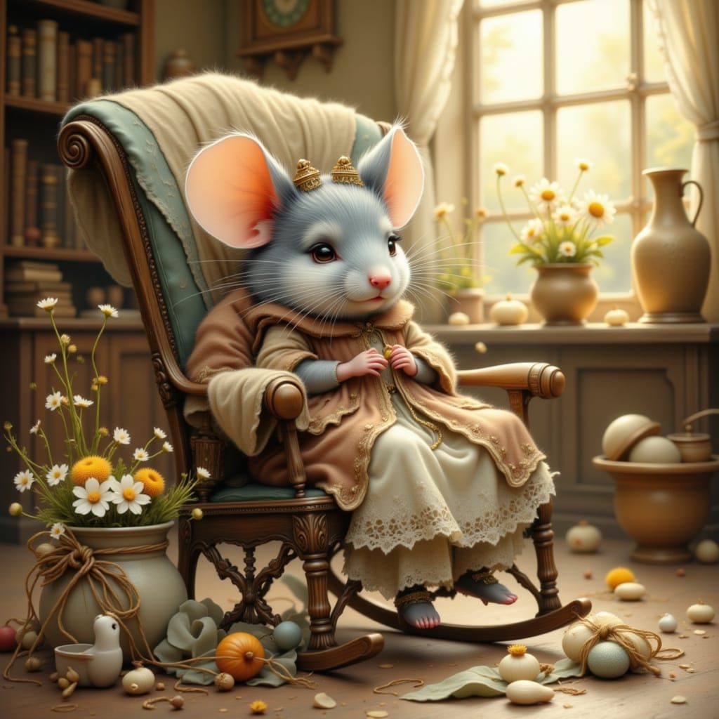 <lora:Sweet Sentiment:1.0> <lora:white mouse:1.0> Adorable little Grandma Mouse, is sitting in a rocking chair, knitting scarves for present...