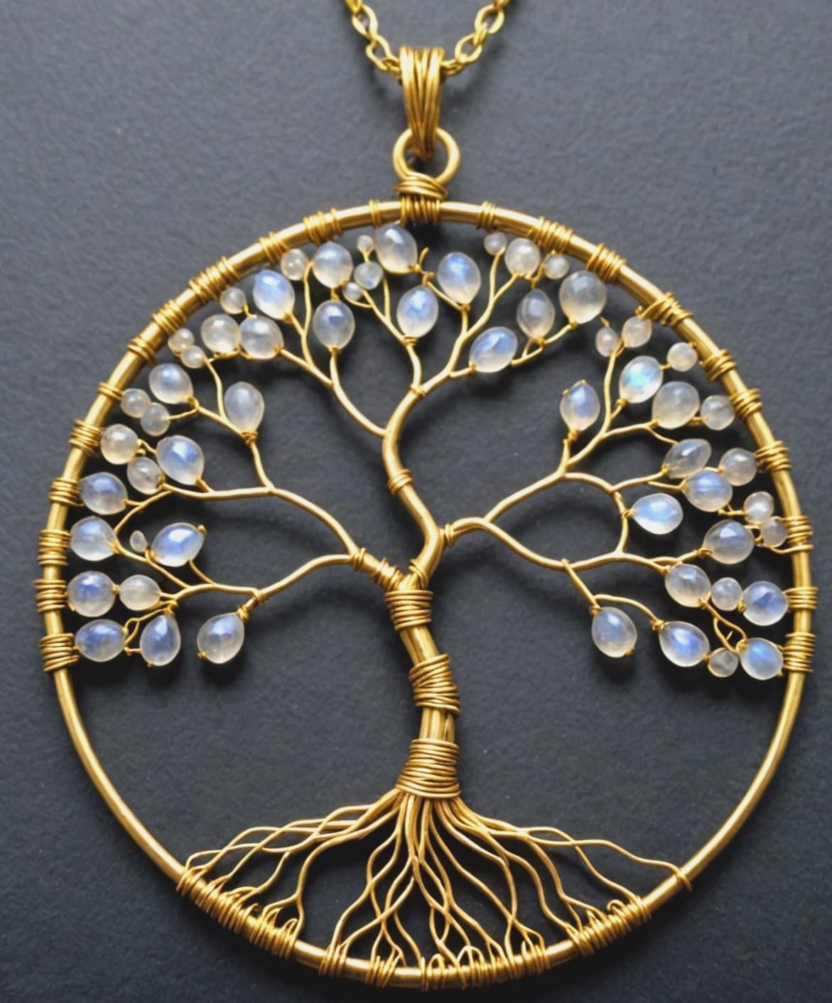 Brass wire twisted and shaped to form a sculpture of the tree of life. from the branches hang tiny macro moonstone briolettes ...