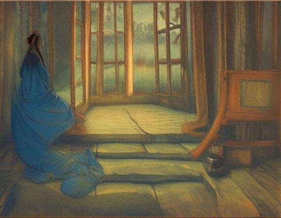 Wooden house with woman in blue