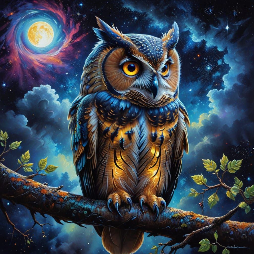 Cosmic Surrealism: Owl Under the Night Sky