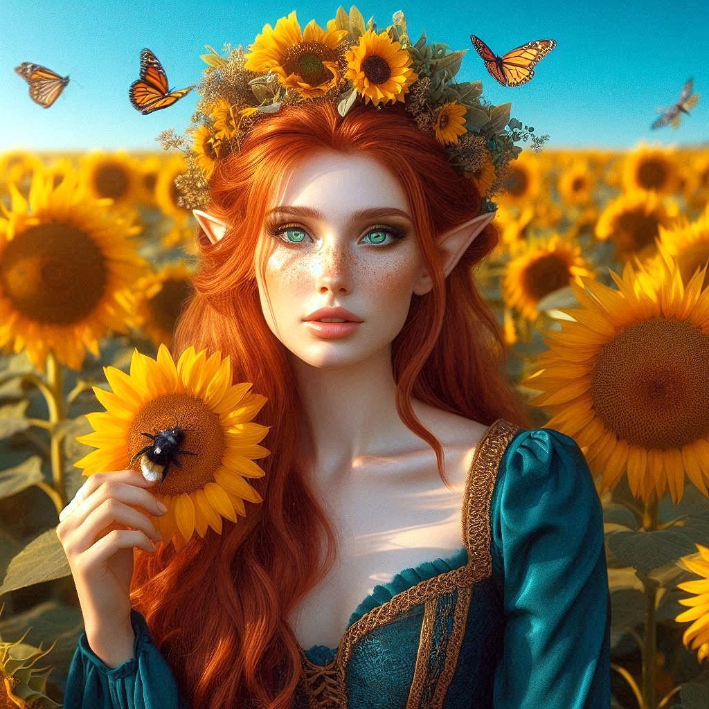 Elven Maiden in Sunflowers