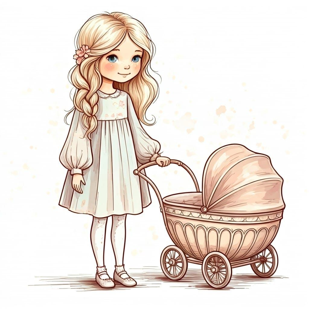 Gentle Girl in Whimsical, Watercolor-Inspired Scene