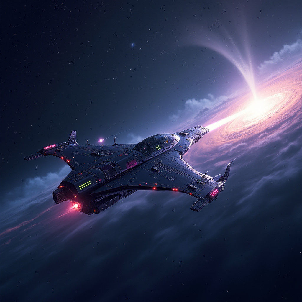 Sleek Spaceship Approaches Distant Star in Nebula