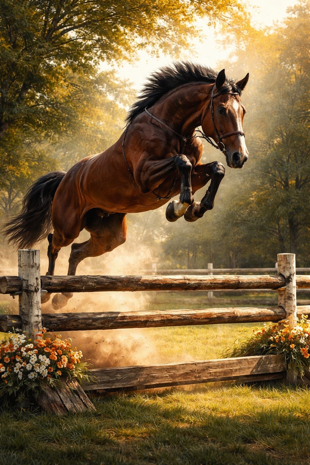 Horse jumping over fence