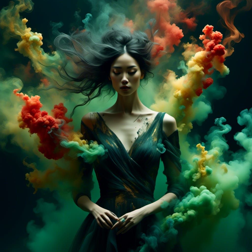Elegant Woman Dissolving into Swirling Smoke