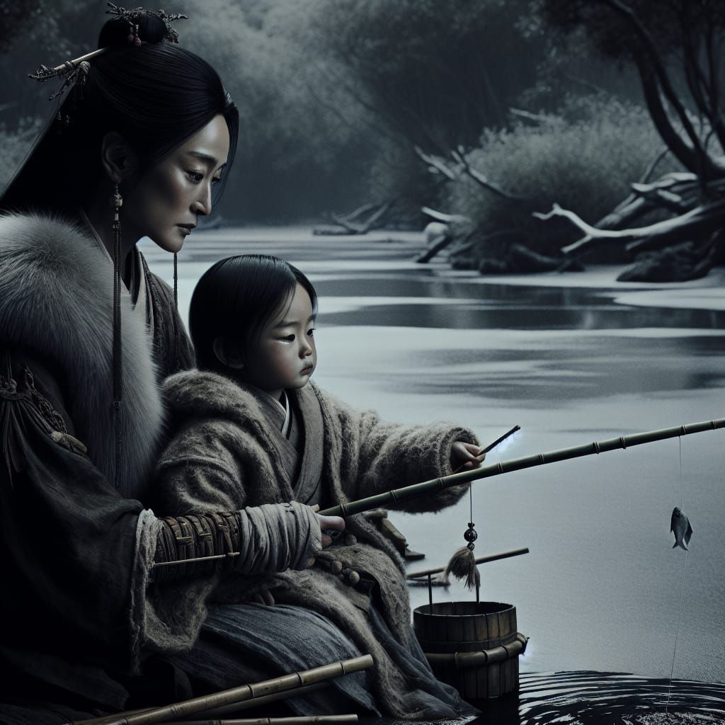 Mother and son sharing comfortable silence as the son catches his first fish, speaking volumes about ...  by @The Nights Sky