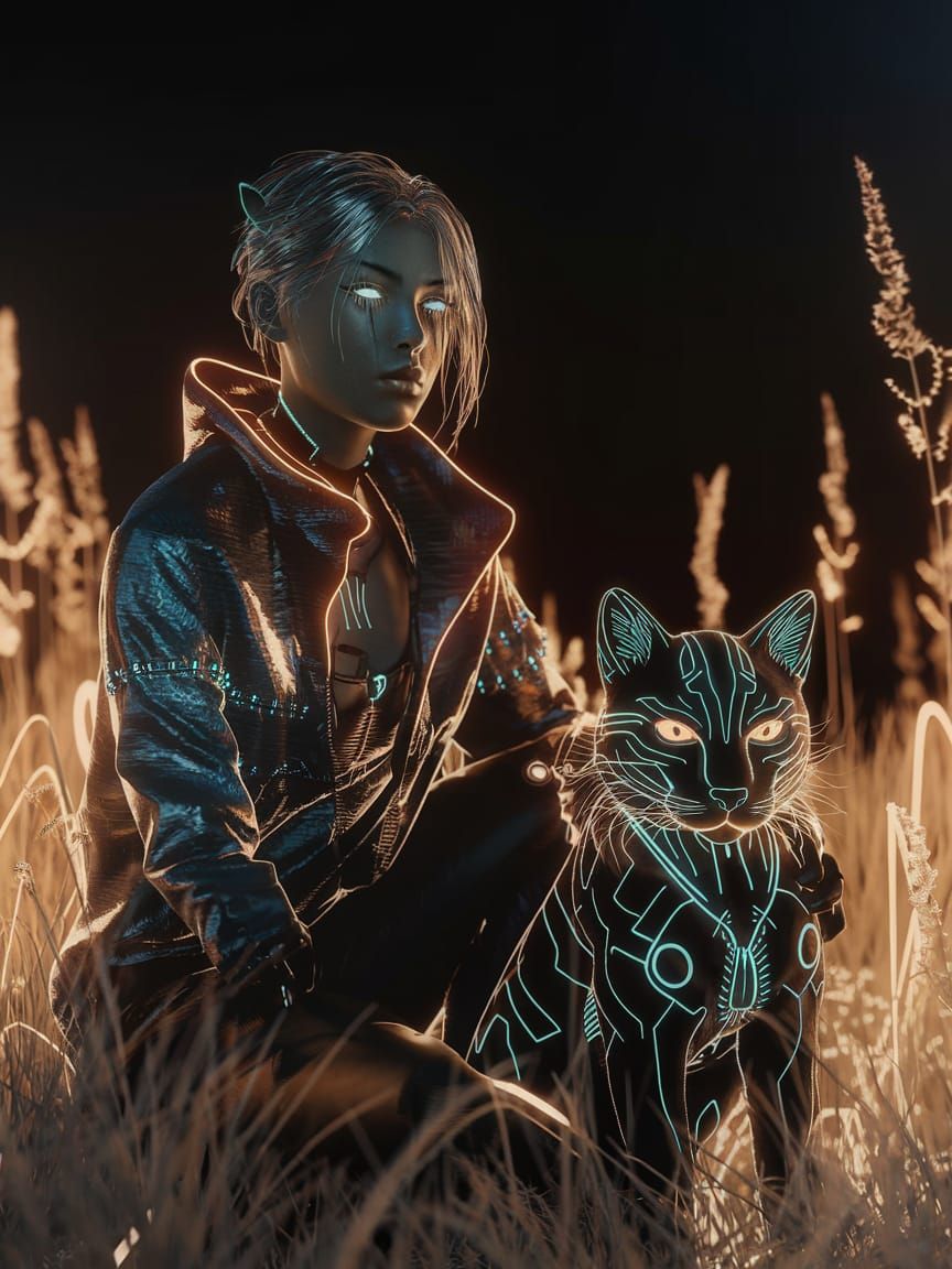 Cyberpunk Huntress and Feline Companion in Neon Field